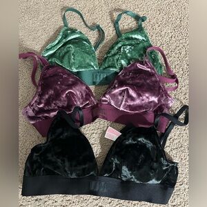 New PINK Victoria's Secret Velvet Bralette Trio -Green, Purple, Black size small